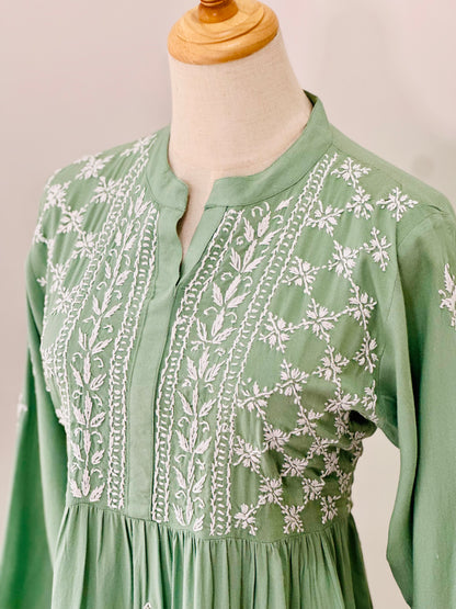 Lucknowi Chikankari  Cotton Women's Flared Short Kurta - Pastel Green