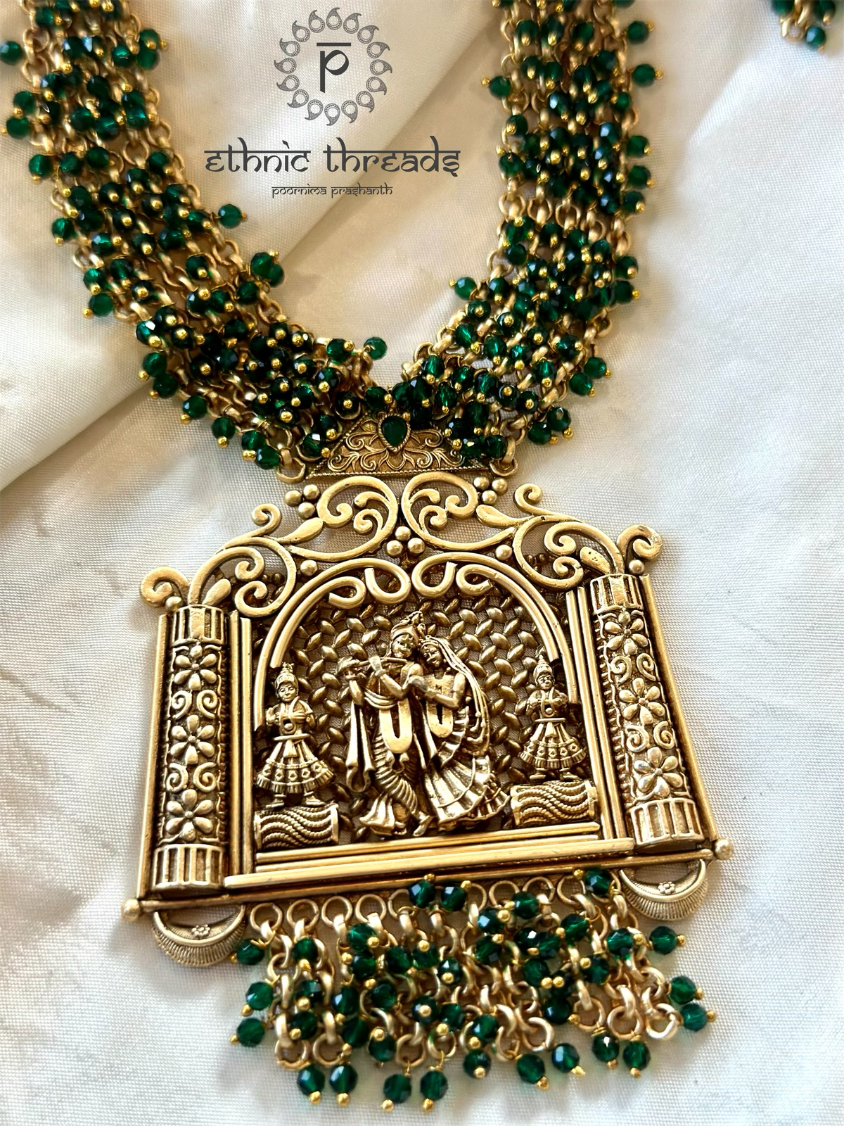 Radha & Krishna Antique Temple Necklace set - Emerald Green