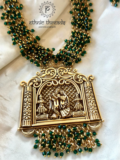 Radha & Krishna Antique Temple Necklace set - Emerald Green