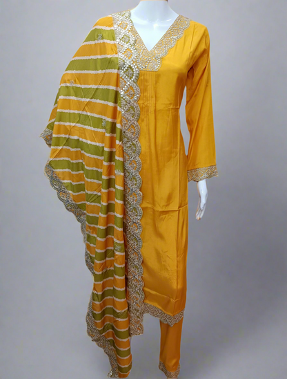 Mustard Silk Salwar Set with Zardosi , V-Neck, and Three-Quarter Sleeves