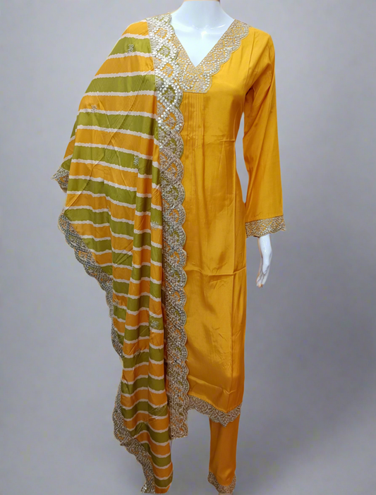 Mustard Silk Salwar Set with Zardosi , V-Neck, and Three-Quarter Sleeves