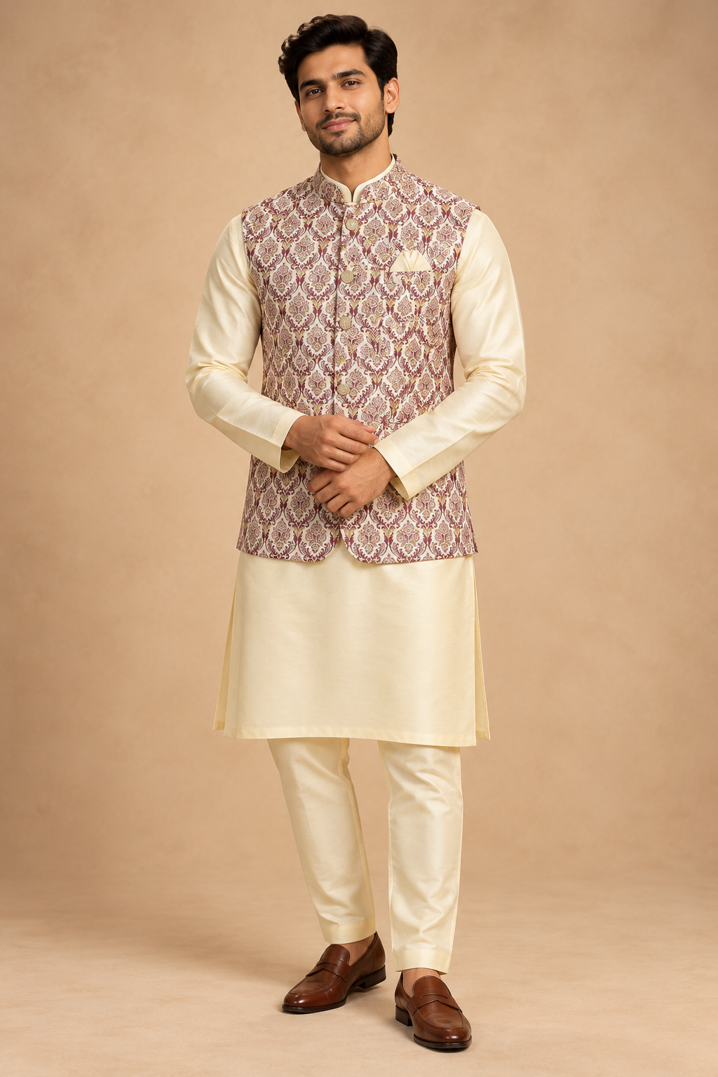 Ivory Kurta with Printed Jacket Set