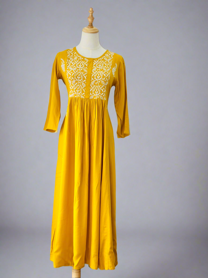 Chikankari Long Anarkali Kurta In Muslin - Musturd