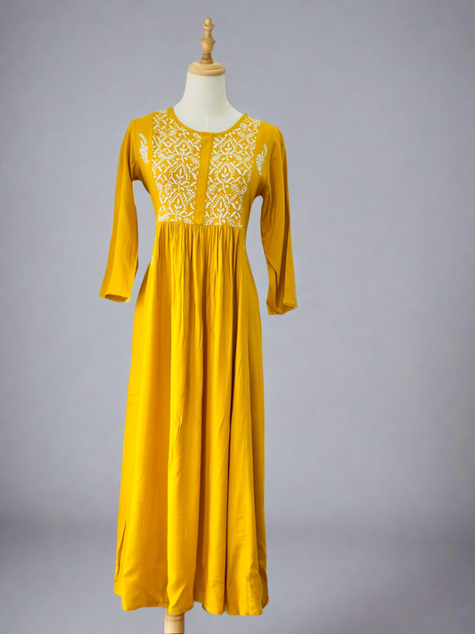 Chikankari Long Anarkali Kurta In Muslin - Musturd