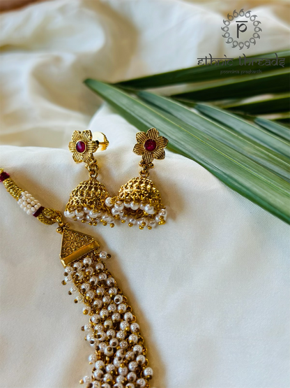 Antique Temple Necklace set - Pearls