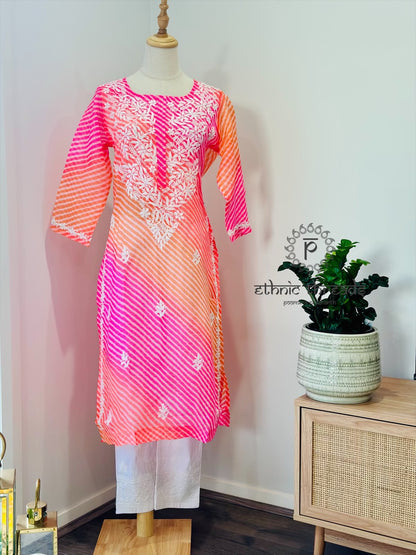 Chikankari Long Kurta In Kota - Orange