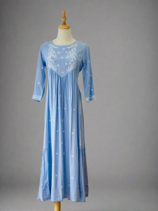 Chikankari Long Anarkali Kurta In Muslin - Sky Blue