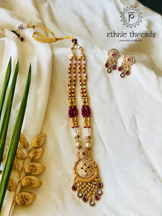 Temple Long Necklace Meenakari Set- Ruby & White Stones