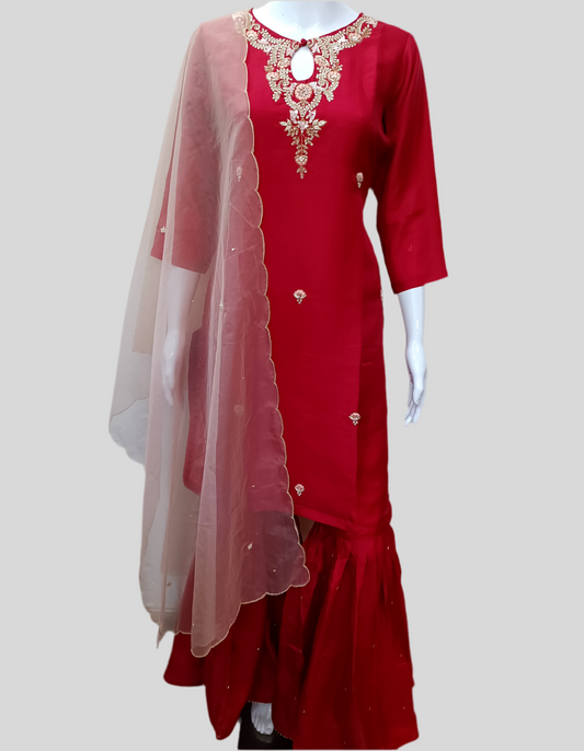 Red Gharara Set with Zardosi with Three-Quarter Sleeves