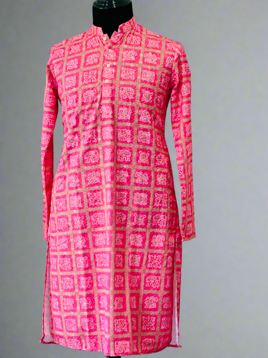 Printed Cotton Mens Long Kurta- Neon Pink