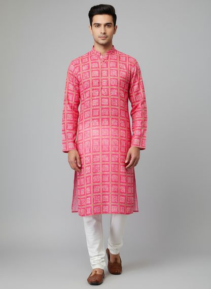 Printed Cotton Mens Long Kurta- Neon Pink