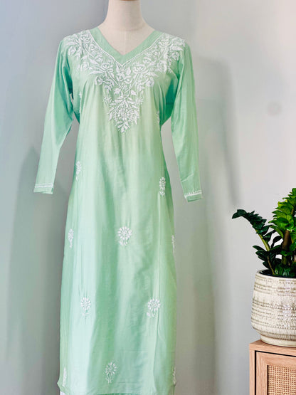 Chikankari Long Kurta In Silk - Pastel Green