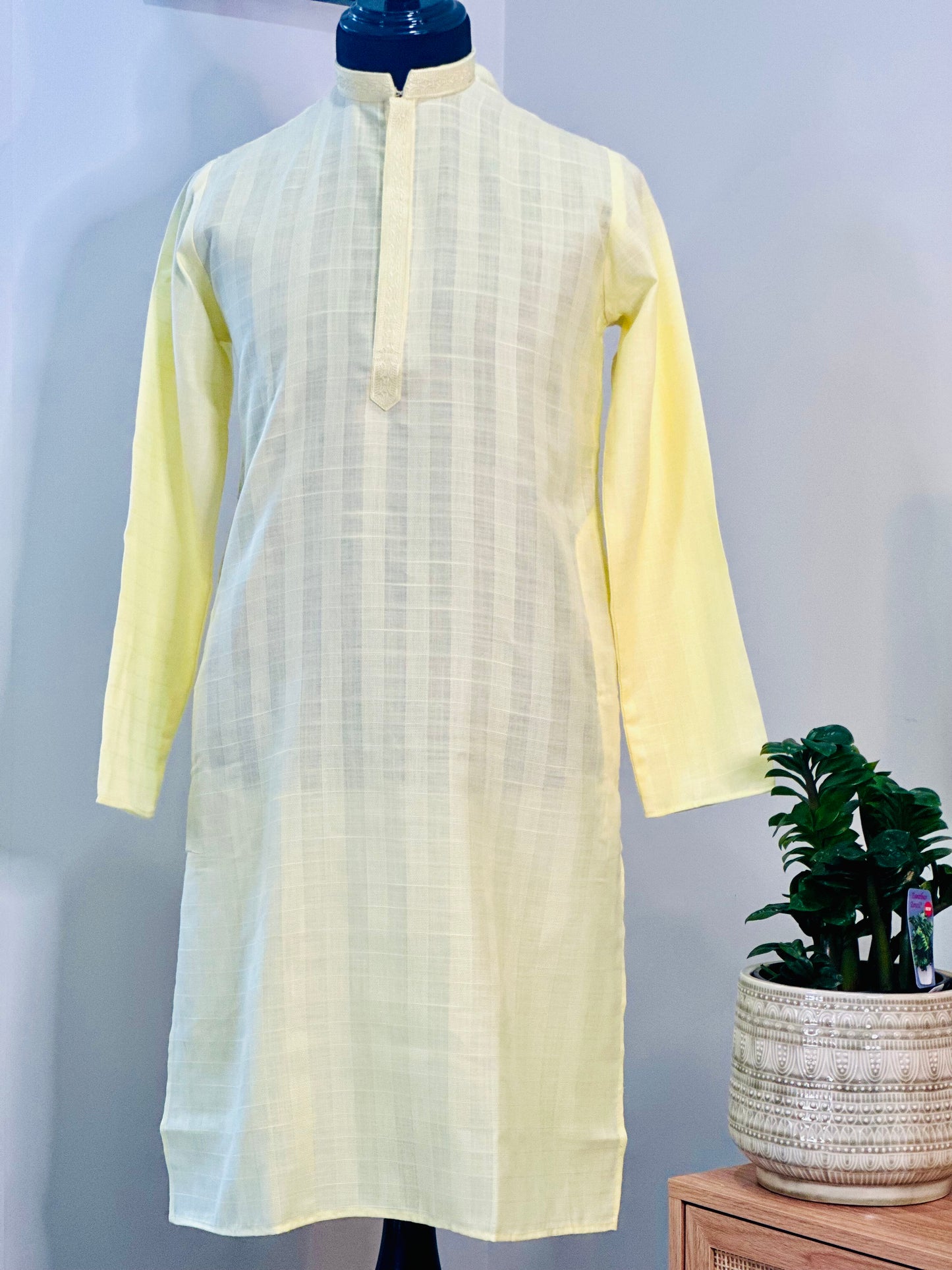 Cotton Mens Long Kurta- Lemon Yellow
