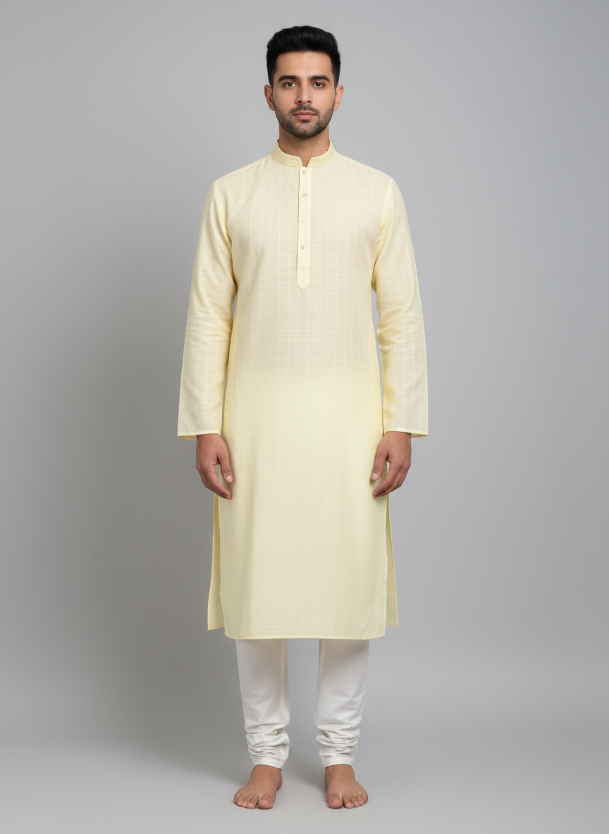 Cotton Mens Long Kurta- Lemon Yellow