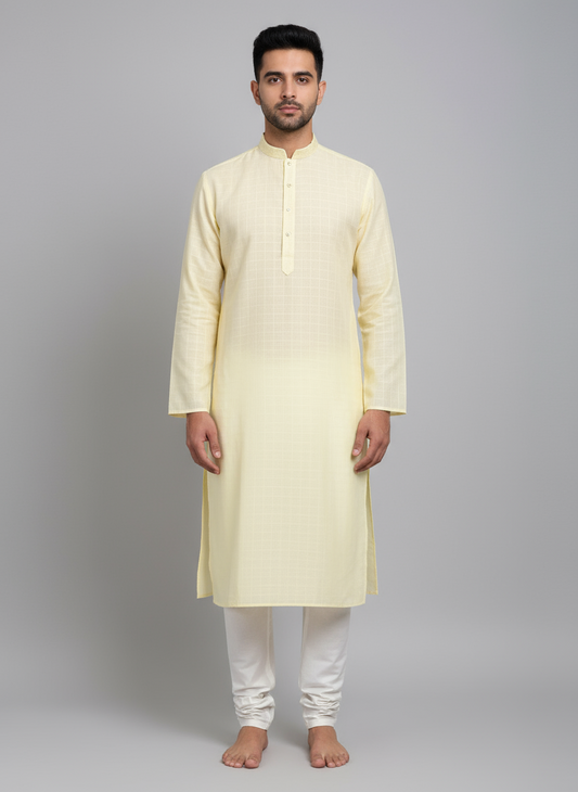 Cotton Mens Long Kurta- Lemon Yellow