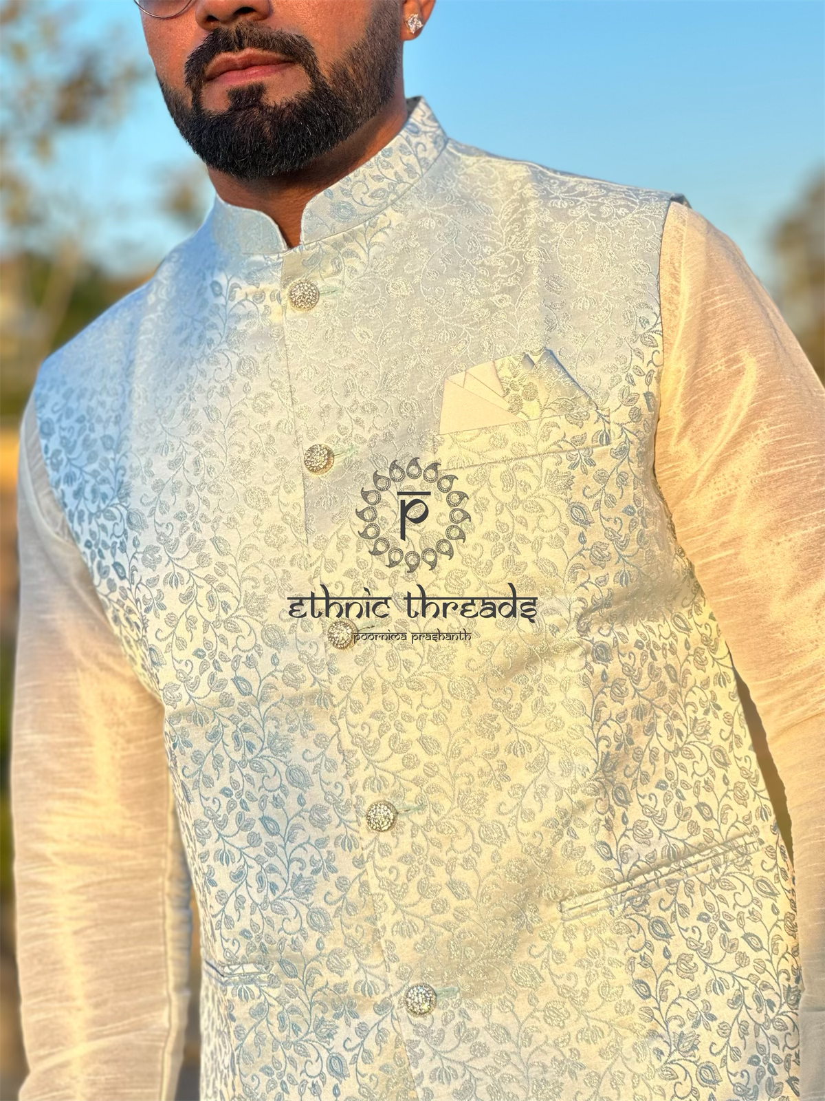 Sky Blue Jacquard Ethnic  Nehru Jacket