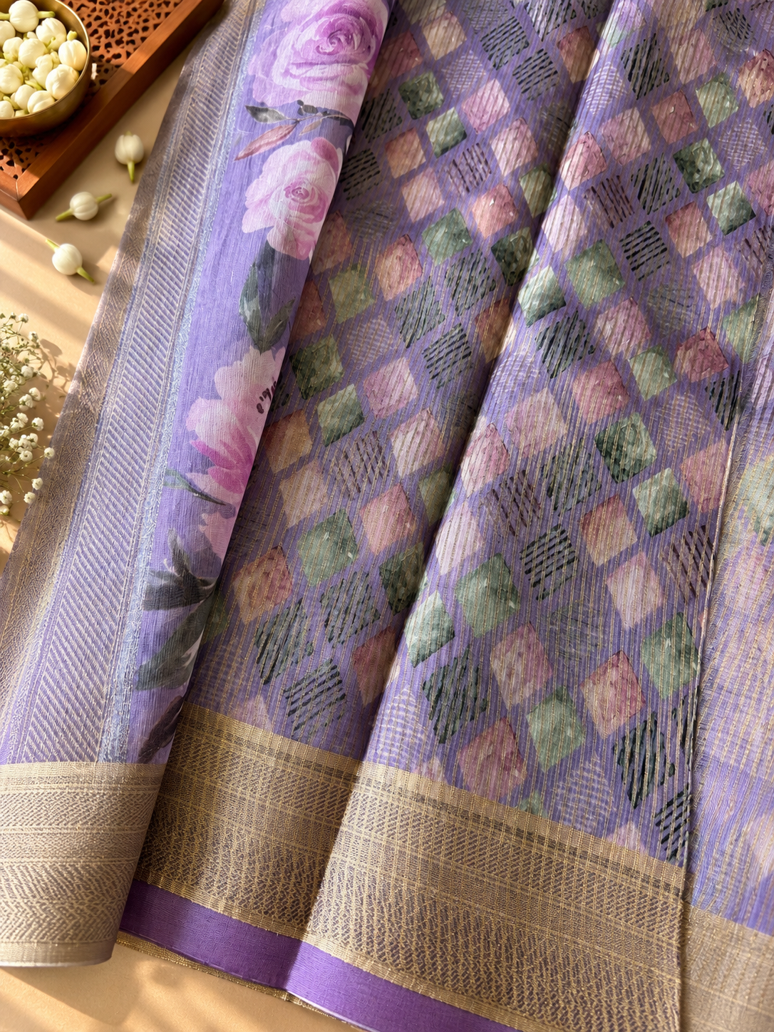 Floral Tissue Saree with Gold Border