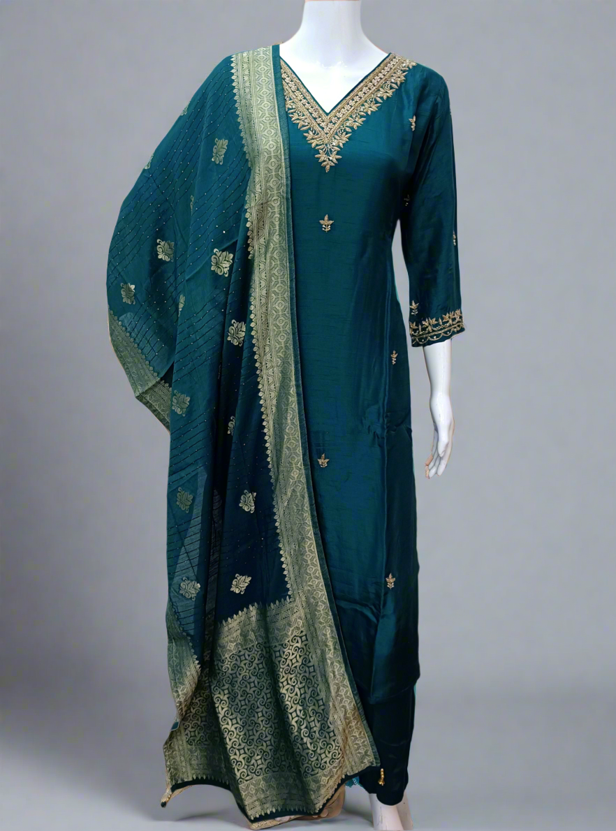 Teal Silk Salwar Set with Zardosi , V-Neck, and Three-Quarter Sleeves