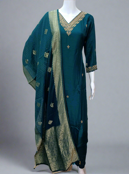 Teal Silk Salwar Set with Zardosi , V-Neck, and Three-Quarter Sleeves