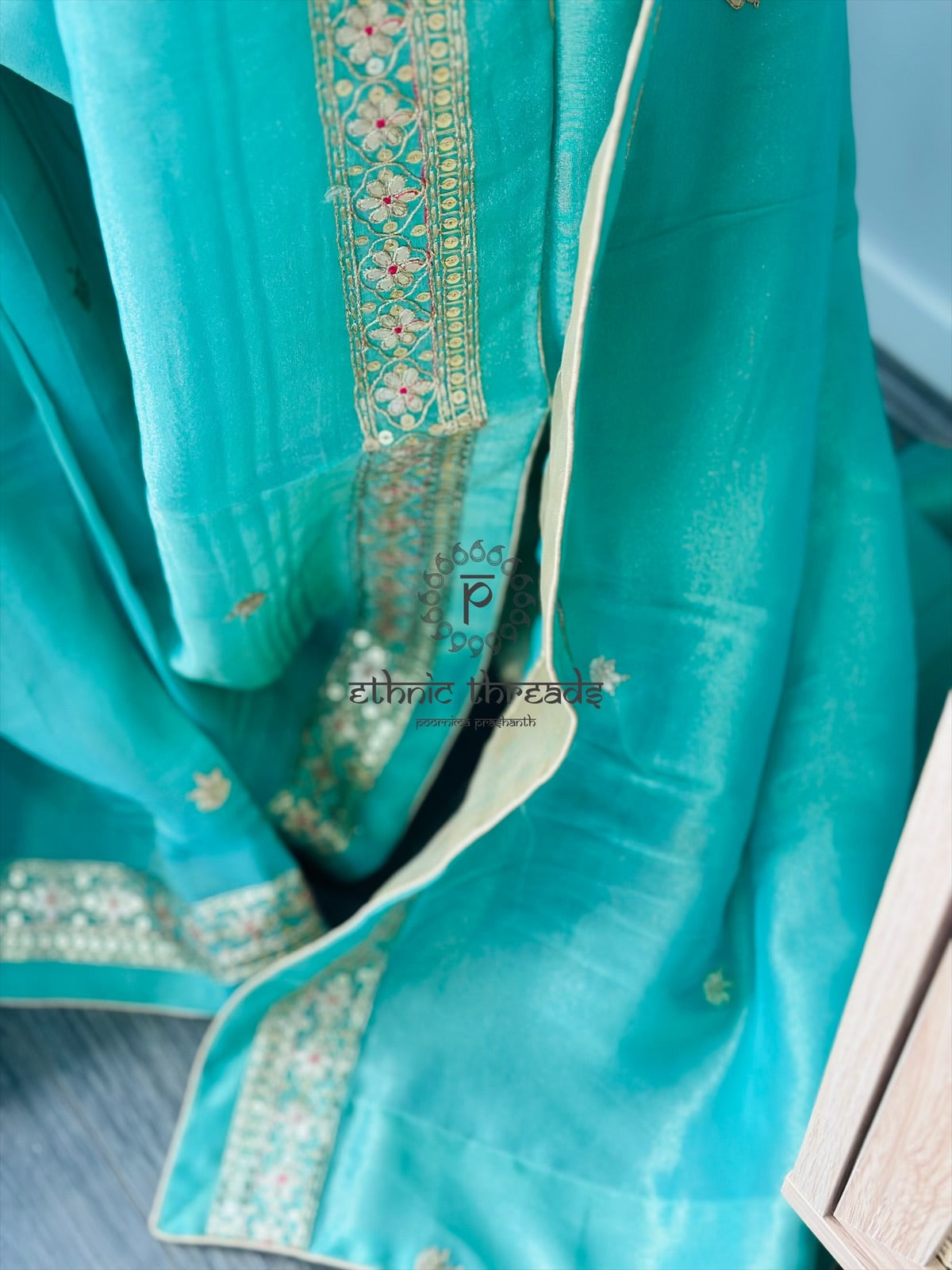 Mint Green Glossy Soft Tissue  Saree And Blouse