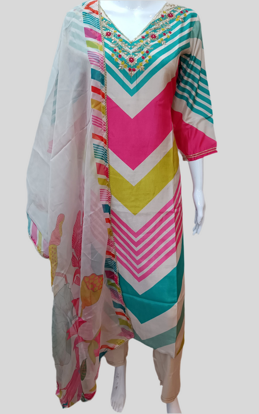 Multi Strips  Printed Silk Salwar Set with Zardosi , and Three-Quarter Sleeves