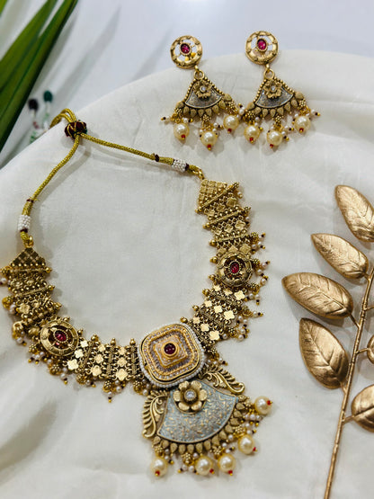 Antique Matt Gold Meenakari Necklace Set