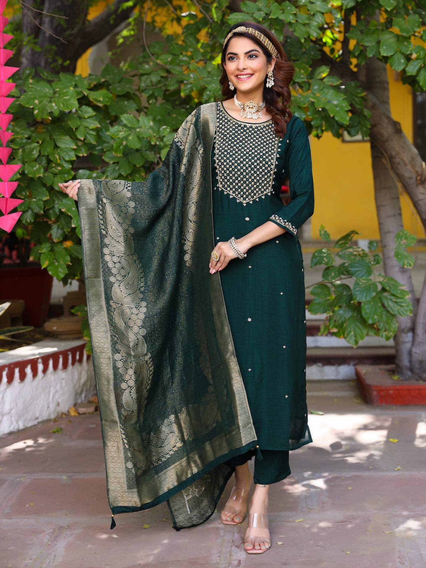 Bottle Green  Silk Salwar Set with Zardosi , U-Neck, and Three-Quarter Sleeves