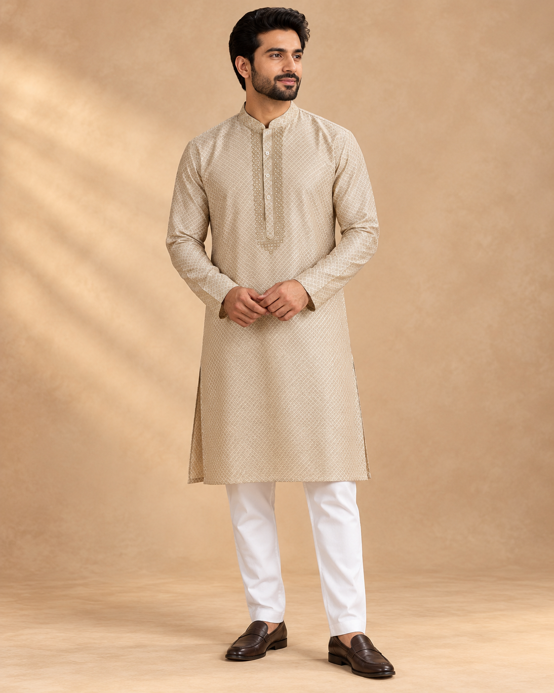 Beige Semi Banarasi Silk Men’s Kurta & Pyjama Set