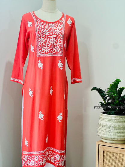 Chikankari Long Kurta In Muslin - Peach