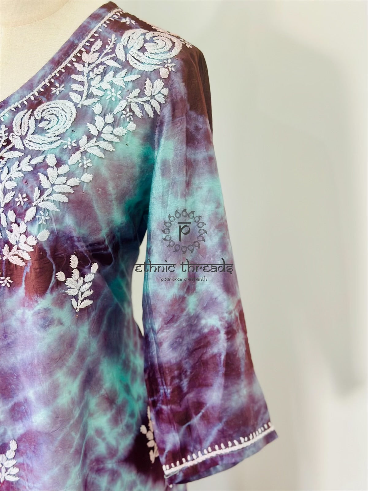 Chikankari Kurta In Tie-Dye Silk Cotton -Teal/Purple