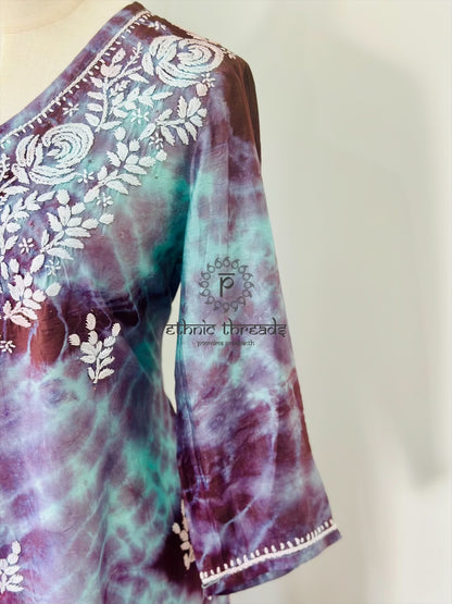 Chikankari Kurta In Tie-Dye Silk Cotton -Teal/Purple