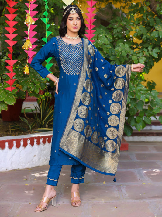 Peacock Blue Silk Salwar Set with Zardosi , U-Neck, and Three-Quarter Sleeves