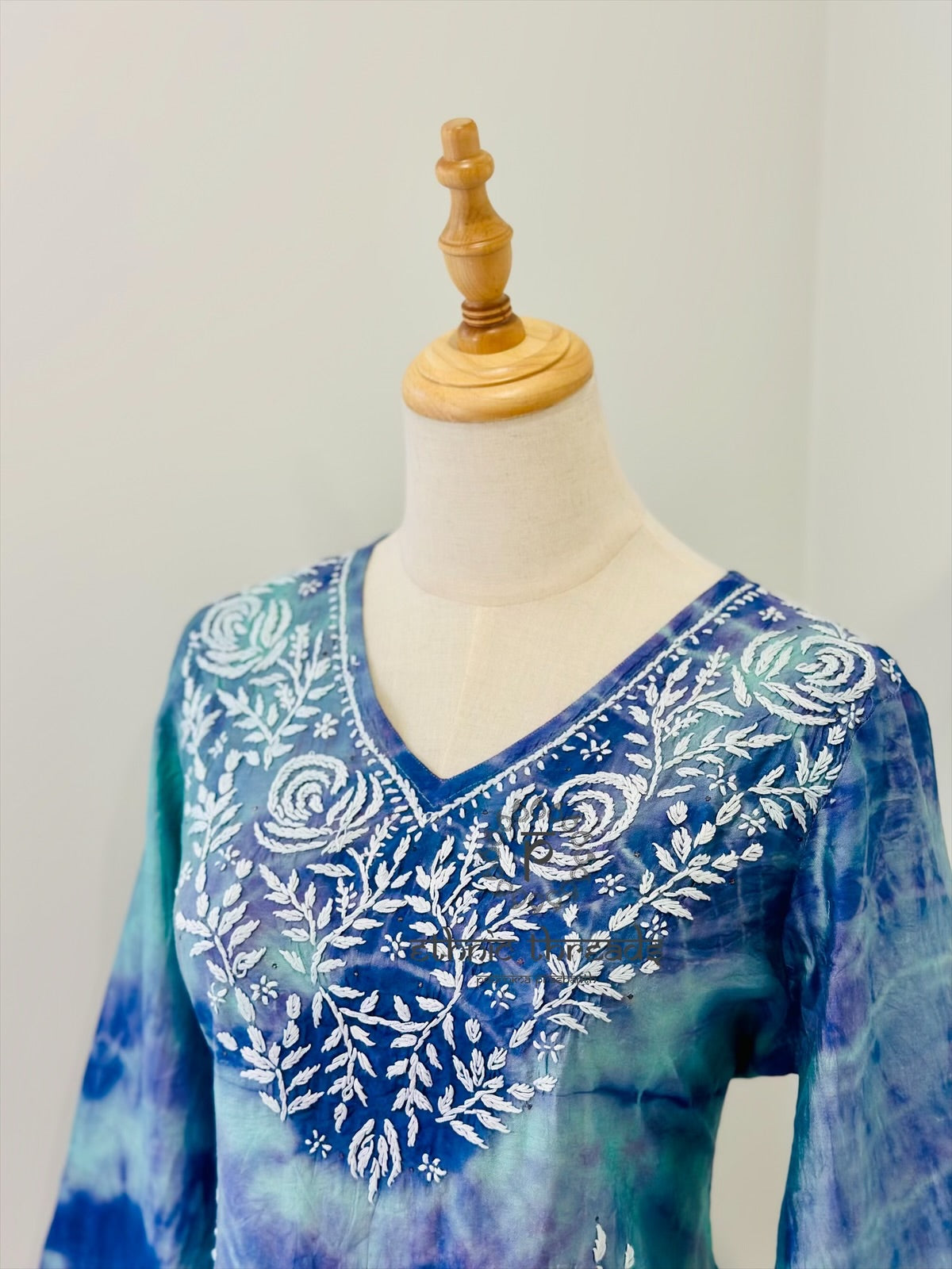 Chikankari Kurta In Tie-Dye Silk Cotton -Teal/Violet