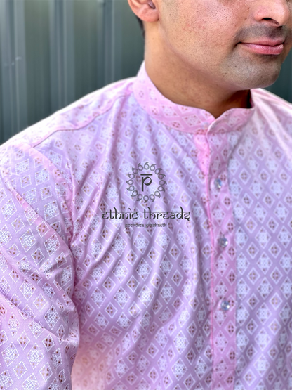 Printed Cotton Mens Long Kurta- Blush Pink