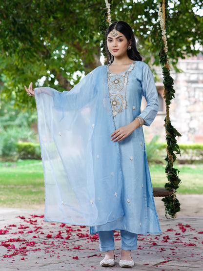 Pastel Blue Silk Salwar Set with Zardosi , and Three-Quarter Sleeves