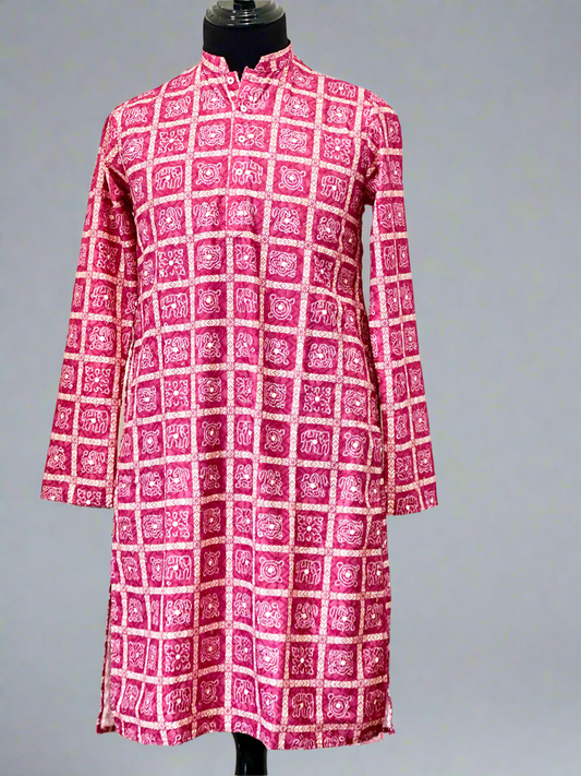 Printed Cotton Mens Long Kurta- Magenta