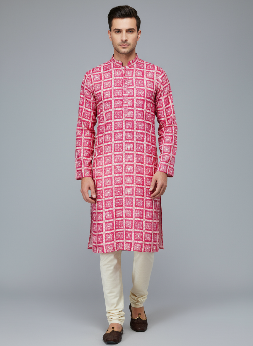 Printed Cotton Mens Long Kurta- Magenta