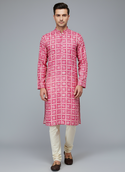 Printed Cotton Mens Long Kurta- Magenta
