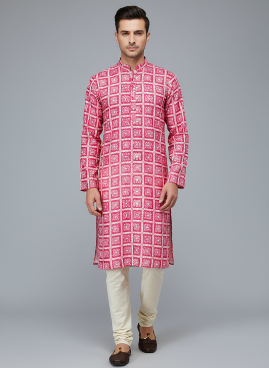 Printed Cotton Mens Long Kurta- Magenta