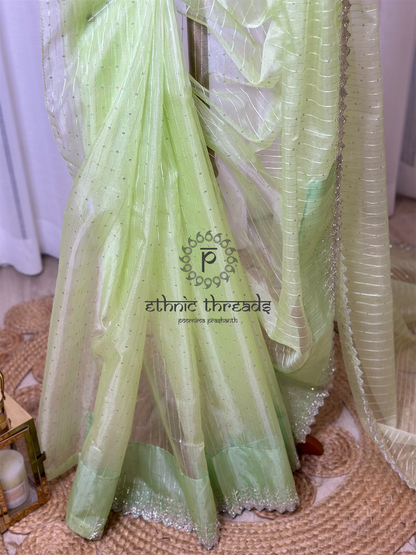 Pastel Green Zardozi Hand Embroidered Saree And Blouse