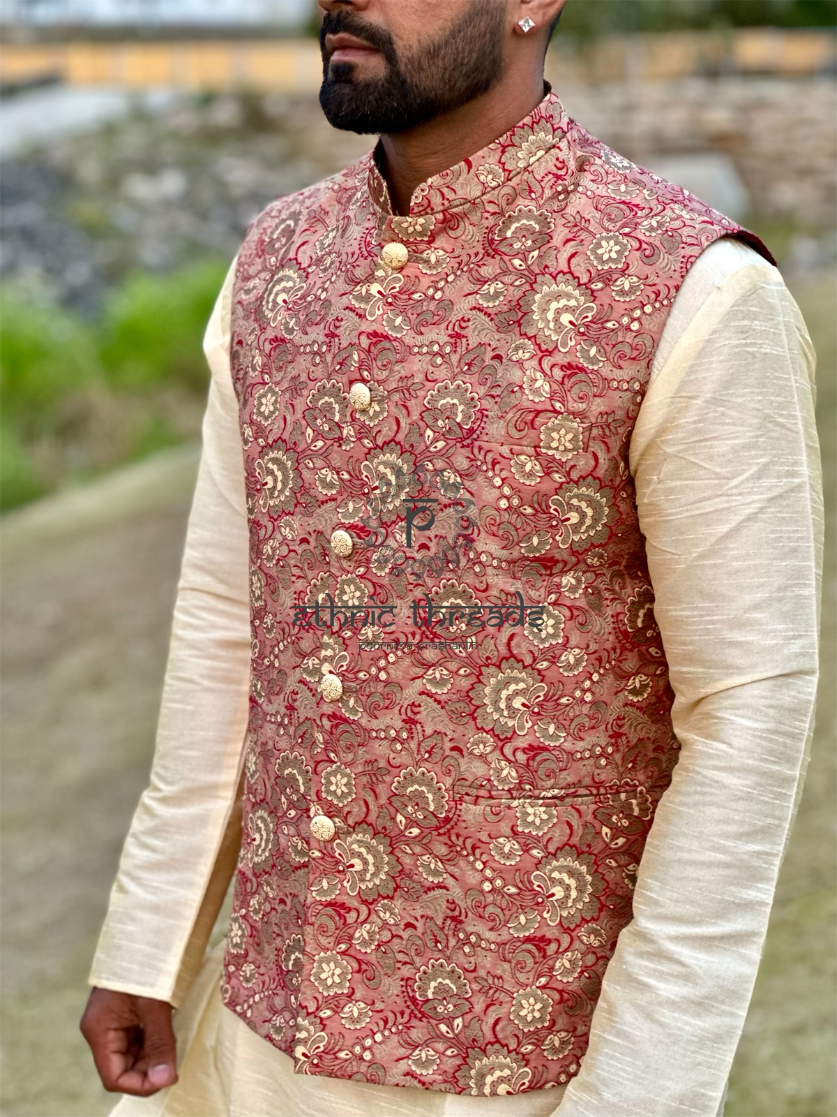 Raw Silk Mens Long Kurta with Brocade Jacket