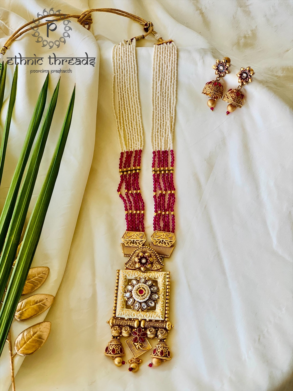 Temple Long Necklace Meenakari Kundan Set- Ruby & White Stones