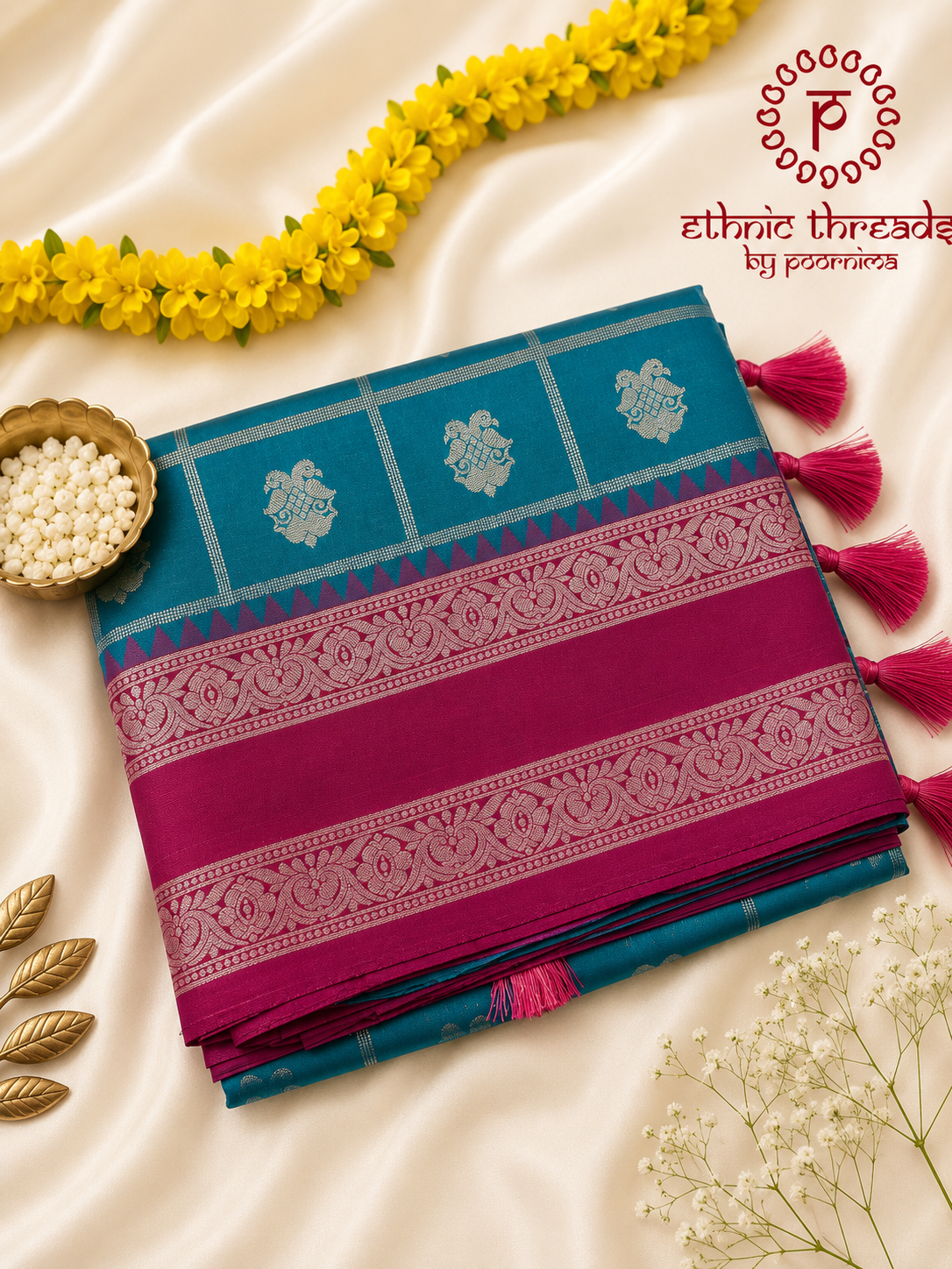 Semi Silk Saree with Zari Checks & Contrast Border
