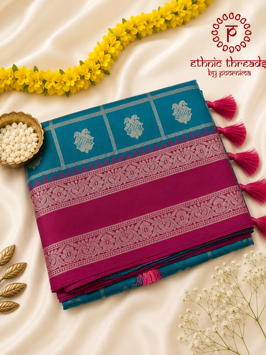 Semi Silk Saree with Zari Checks & Contrast Border