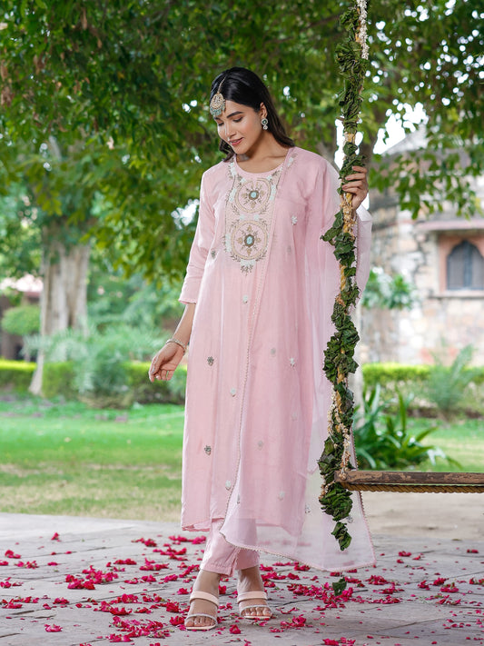 Pastel Pink Silk Salwar Set with Zardosi , and Three-Quarter Sleeves