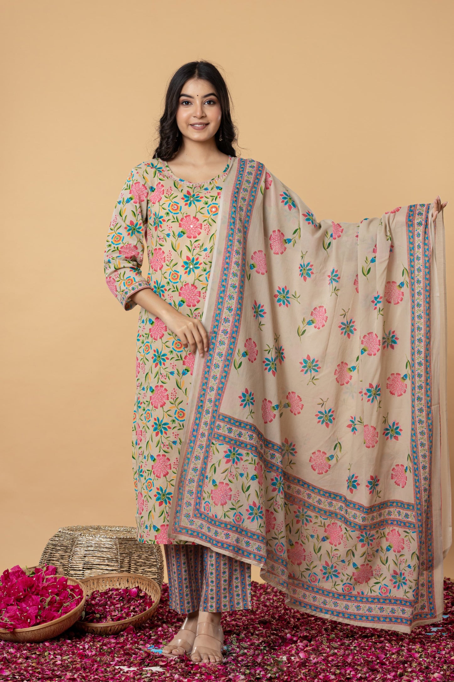 Cream Floral Printed Salwar Set