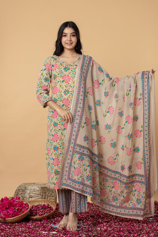 Cream Floral Printed Salwar Set