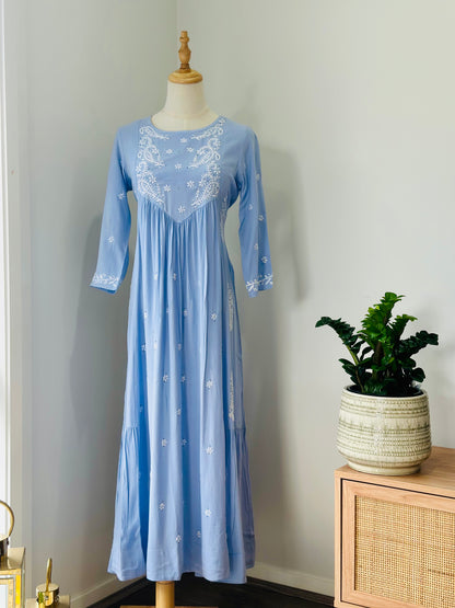Chikankari Long Anarkali Kurta In Muslin - Sky Blue