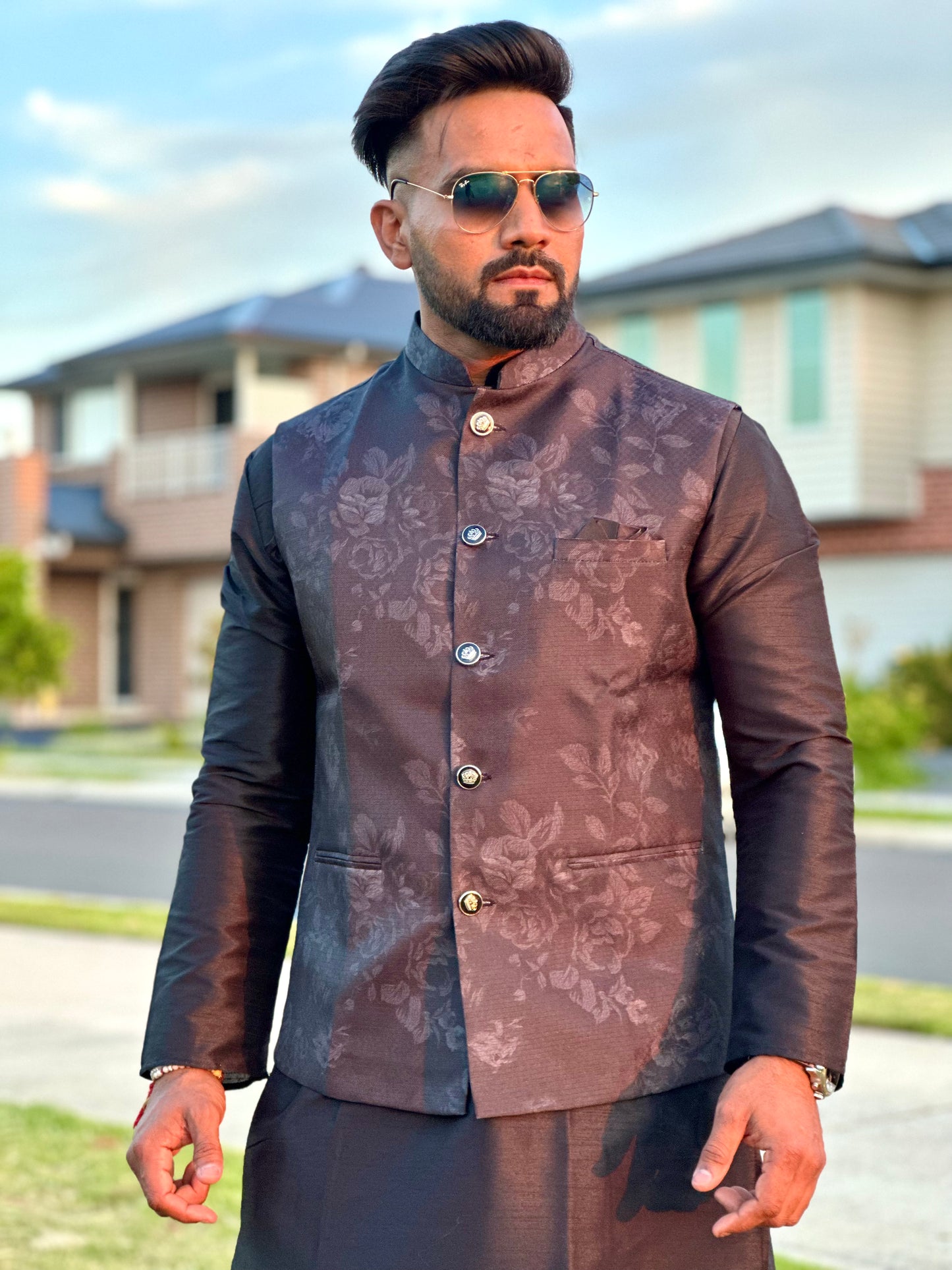 Raw Silk Mens Long Kurta with Jacket