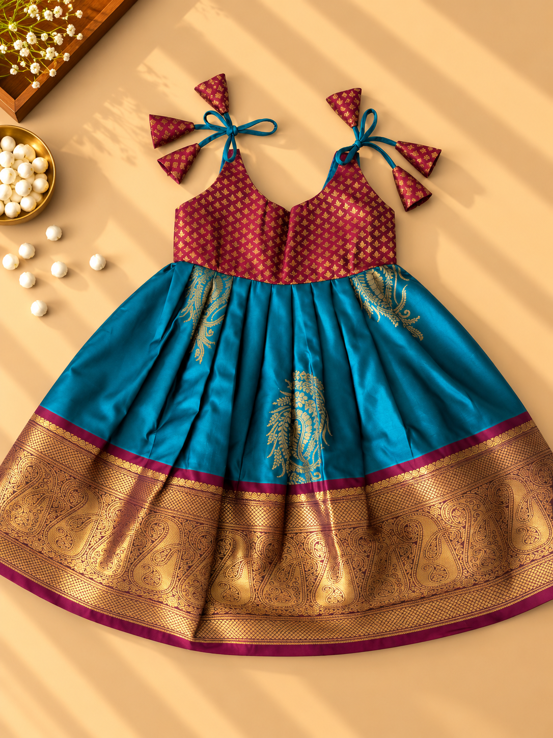 Teal Blue & Maroon Pure Kanchipuram Silk Infant Pinafore Gown